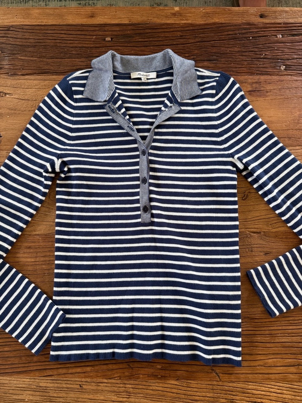 Madewell Striped Navy and White Collared Knit Pullover